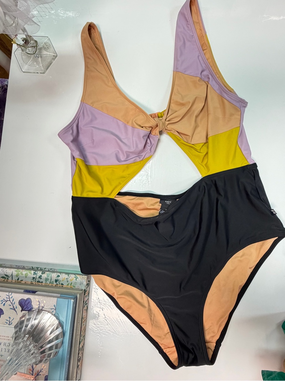 Colorblock Tie-Front One-Piece Swimsuit in Black, Lavender, Peach & Yellow